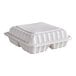 A white plastic hinged take-out container with 3 compartments.