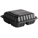 A black Ecopax plastic hinged take-out container with three compartments.