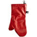 A red San Jamar oven mitt with a black zipper.