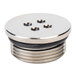 A stainless steel round plug with four holes.