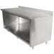 A stainless steel Advance Tabco work table with a shelf.