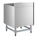A stainless steel beer box with a 3-inch backsplash and sturdy metal legs.