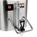 A stainless steel Grindmaster coffee shuttle with a black handle.