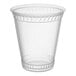 A clear 12 oz. plastic cup with a slightly squat shape and decorative ridges near the rim and base.