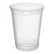 A clear 12 oz. plastic cup with a slightly flared rim and vertical ridges near the top and bottom.
