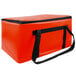 A red Sterno insulated food carrier with black straps.