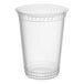 A clear plastic cup with a slightly flared rim and ribbed detailing near the top and bottom.