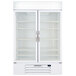 A white Beverage-Air MarketMax glass door refrigerator with shelves.