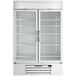 A white Beverage-Air MarketMax glass door freezer with shelves.