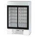 A white Beverage-Air MarketMax glass door refrigerator with two shelves.