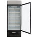 A black Beverage-Air MarketMax glass door refrigerator with the door open.