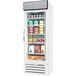 A Beverage-Air white glass door refrigerator with stainless steel interior.