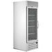 A white Beverage-Air MarketMax glass door merchandising freezer with stainless steel interior.