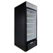 A black Beverage-Air MarketMax glass door refrigerator with shelves.