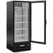 A black glass door merchandising freezer with a stainless steel interior and multiple shelves.