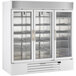 A white Beverage-Air glass door merchandising freezer with three doors.