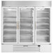 A white Beverage-Air MarketMax glass door freezer with three doors open.