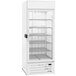 A white Beverage-Air glass door merchandiser freezer with shelves.