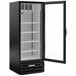 A black glass door merchandising freezer with a left-hinged door and stainless steel interior, featuring multiple shelves.