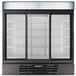 A Beverage-Air black glass door refrigerator with shelves.