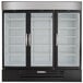 A Beverage-Air black glass door merchandising freezer with three shelves.