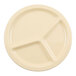 A tan, round, three-compartment melamine plate.