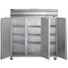 A large silver Beverage-Air reach-in refrigerator with three open glass doors.