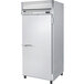 A white Beverage-Air reach-in refrigerator with a silver handle on wheels.