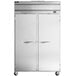 A stainless steel Beverage-Air reach-in refrigerator with two solid doors.