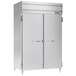 A Beverage-Air stainless steel reach-in freezer with two doors open.