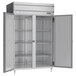 A Beverage-Air stainless steel reach-in freezer with open doors.