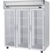 A white Beverage-Air reach-in refrigerator with glass doors and shelves.