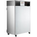 A stainless steel Beverage-Air reach-in refrigerator with wheels.