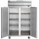 A large silver stainless steel Beverage-Air reach-in refrigerator with two solid doors open and shelves inside.