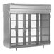 A Beverage-Air stainless steel glass door pass-through refrigerator with three glass doors.