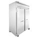 A Beverage-Air stainless steel reach-in freezer with two glass doors on wheels.