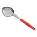 An orange plastic spoon with a metal oval bowl and perforations on the bottom.