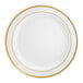 A white plastic plate with two gold bands around the rim.