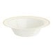 A bone or ivory plastic bowl with gold bands around the rim.