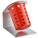 A Steril-Sil stainless steel flatware organizer with a red perforated plastic cylinder on a metal stand.