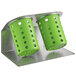 A lime green Steril-Sil flatware organizer with two perforated plastic containers on a metal stand.