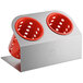 A Steril-Sil stainless steel flatware organizer with red perforated plastic cylinders on the ends.
