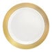 A round bone or ivory plastic plate with a gold lattice design around the rim.