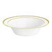 A white plastic bowl with gold bands around the rim.