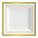 A square white plastic plate with gold bands along the border.