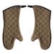 A pair of brown San Jamar Bestguard oven mitts.