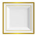 A square white plastic plate with gold bands along the edges.