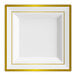 A square white plastic plate with gold bands along the border.