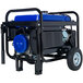 A blue and black DuroMax portable generator with wheels.