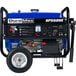 A blue and black DuroMax portable generator with a wheel kit.